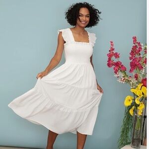 NWT London Times Women's Clip Dot Fabric Midi Dress with Smocked bodice